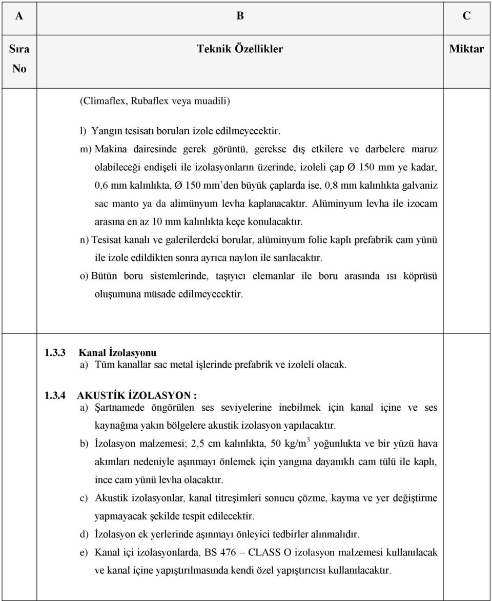 çaplarda ise, 0,8 mm kalınlıkta galvaniz sac manto ya da alimünyum levha kaplanacaktır. Alüminyum levha ile izocam arasına en az 10 mm kalınlıkta keçe konulacaktır.