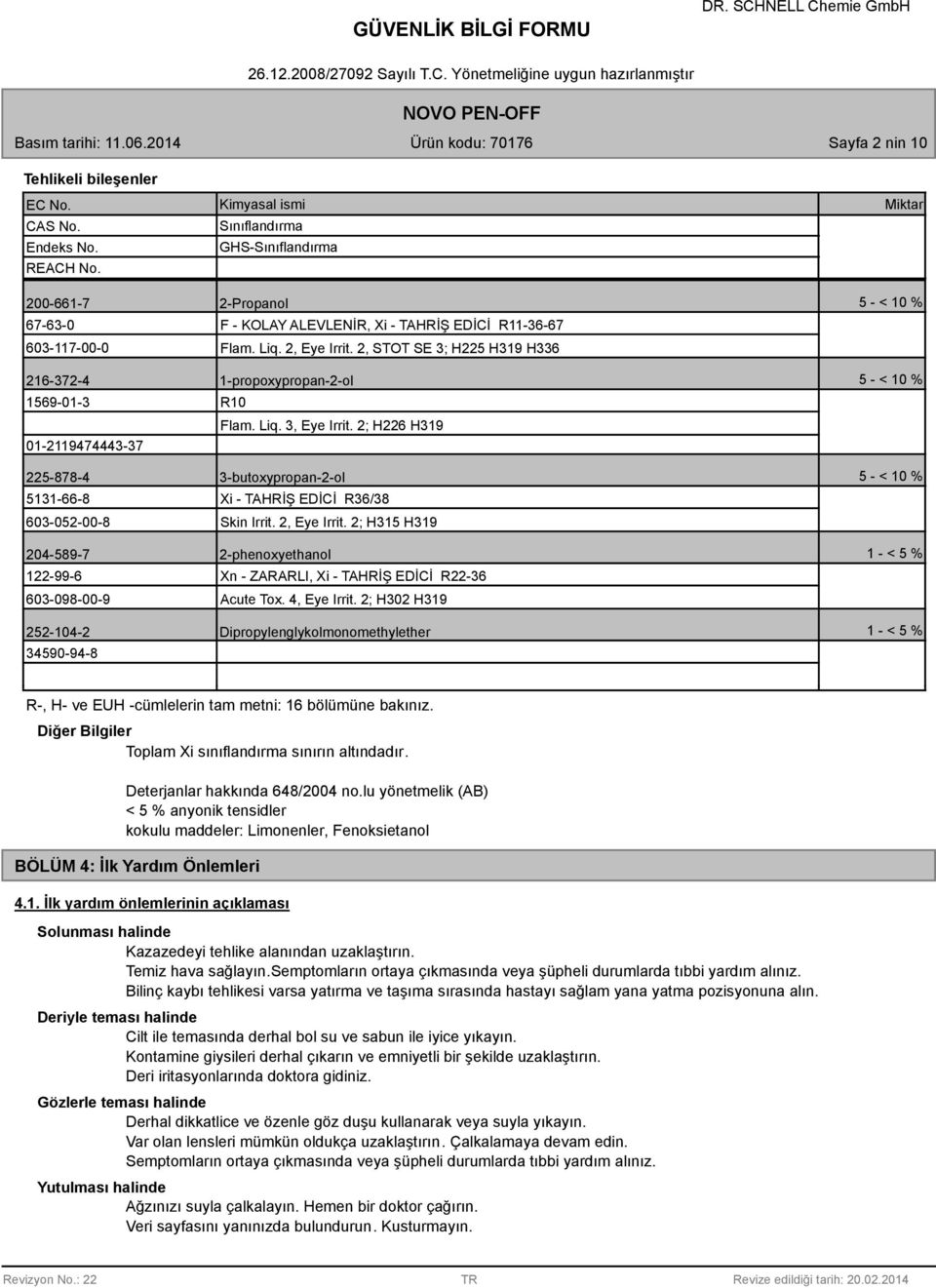 2, STOT SE 3; H225 H319 H336 216-372-4 1-propoxypropan-2-ol 5 - < 10 % 1569-01-3 01-2119474443-37 R10 Flam. Liq. 3, Eye Irrit.