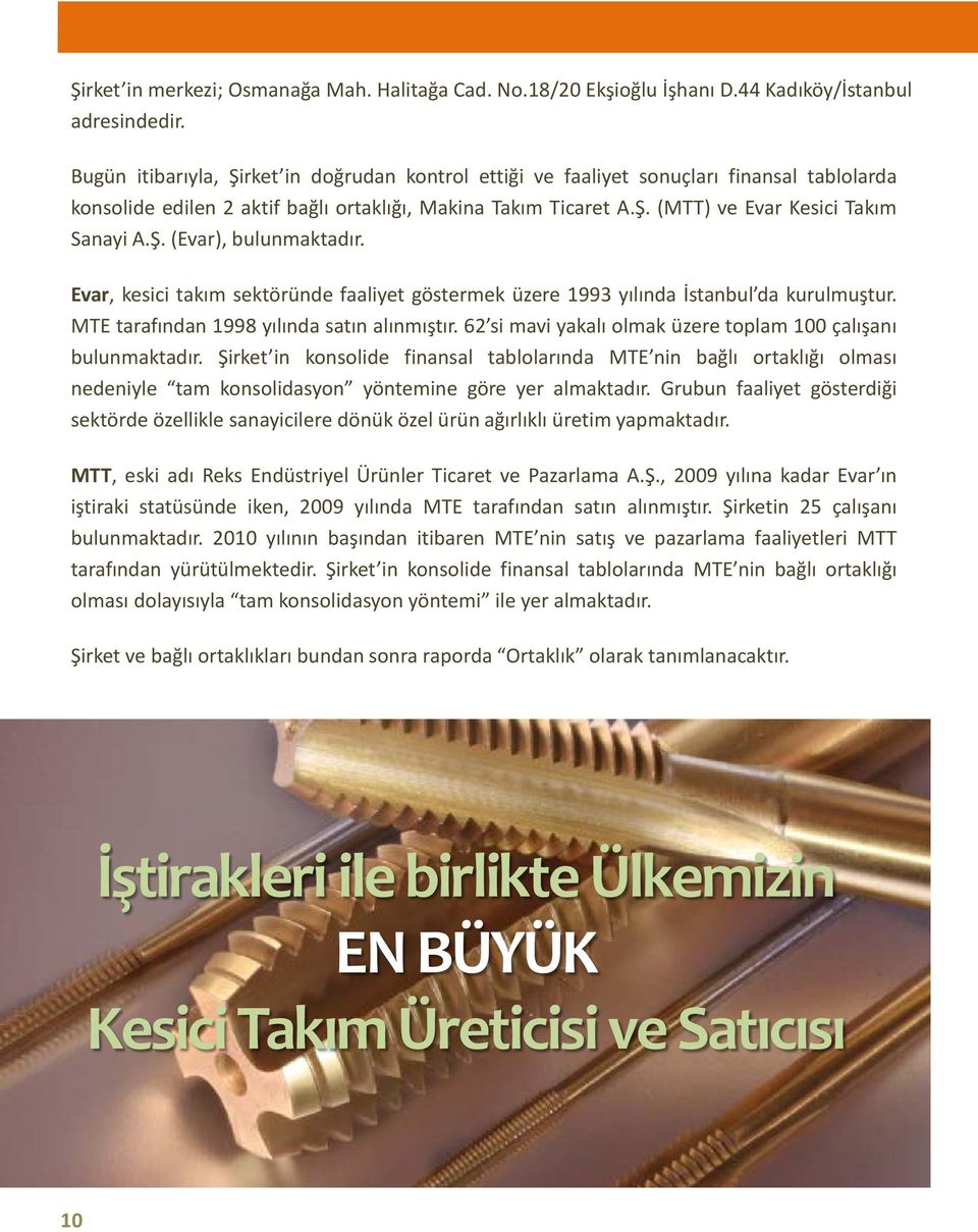 Evar, kesici takım sektöründe faaliyet göstermek üzere 1993 yılında İstanbul da kurulmuştur. MTE tarafından 1998 yılında satın alınmıştır.