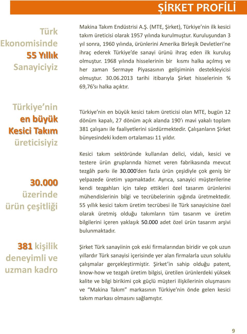 1968 yılında hisselerinin bir kısmı halka açılmış ve her zaman Sermaye Piyasasının gelişiminin destekleyicisi olmuştur. 30.06.2013 tarihi itibarıyla Şirket hisselerinin % 69,76 sı halka açıktır.