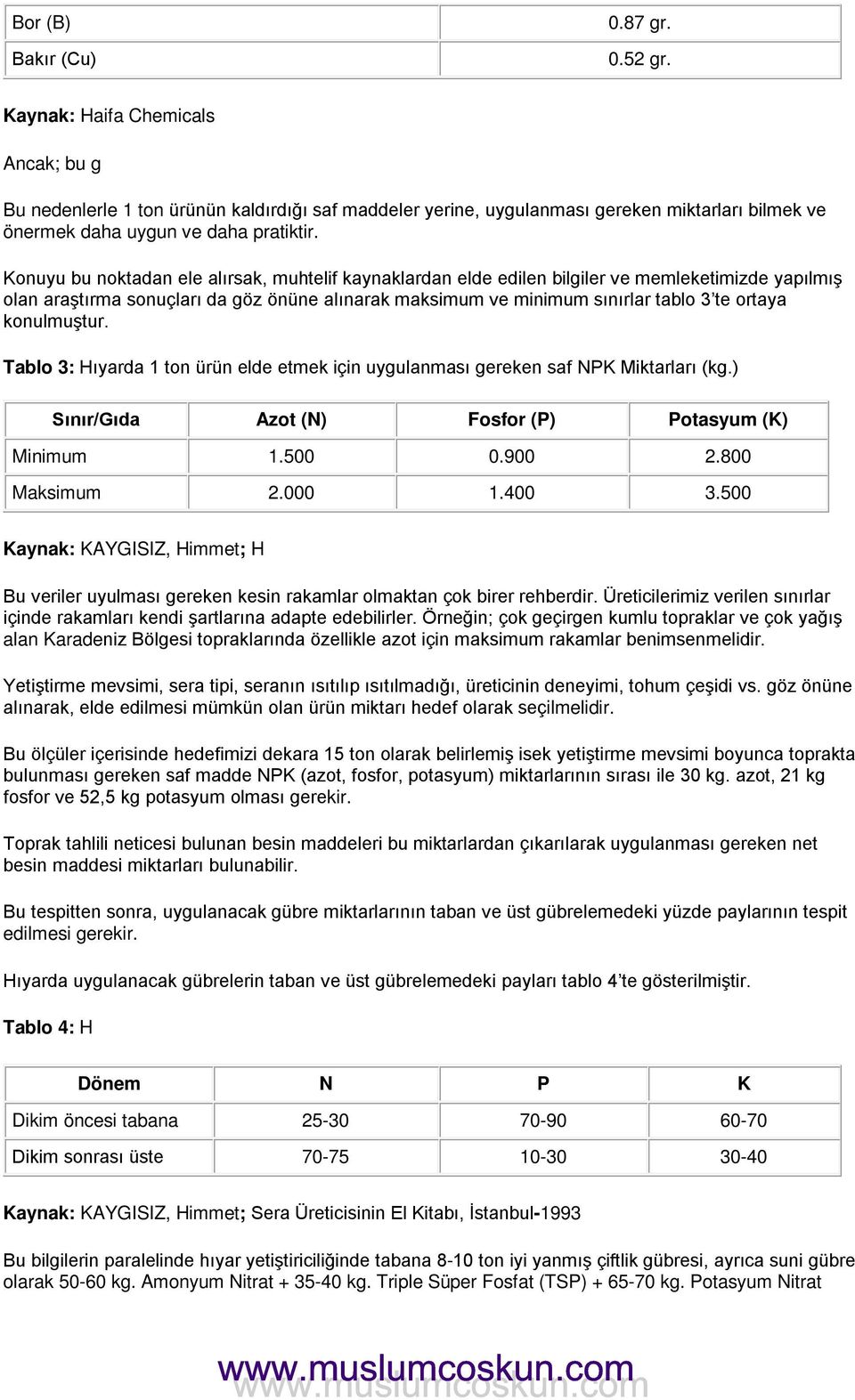 Konuyu bu noktadan ele alırsak, muhtelif kaynaklardan elde edilen bilgiler ve memleketimizde yapılmış olan araştırma sonuçları da göz önüne alınarak maksimum ve minimum sınırlar tablo 3 te ortaya