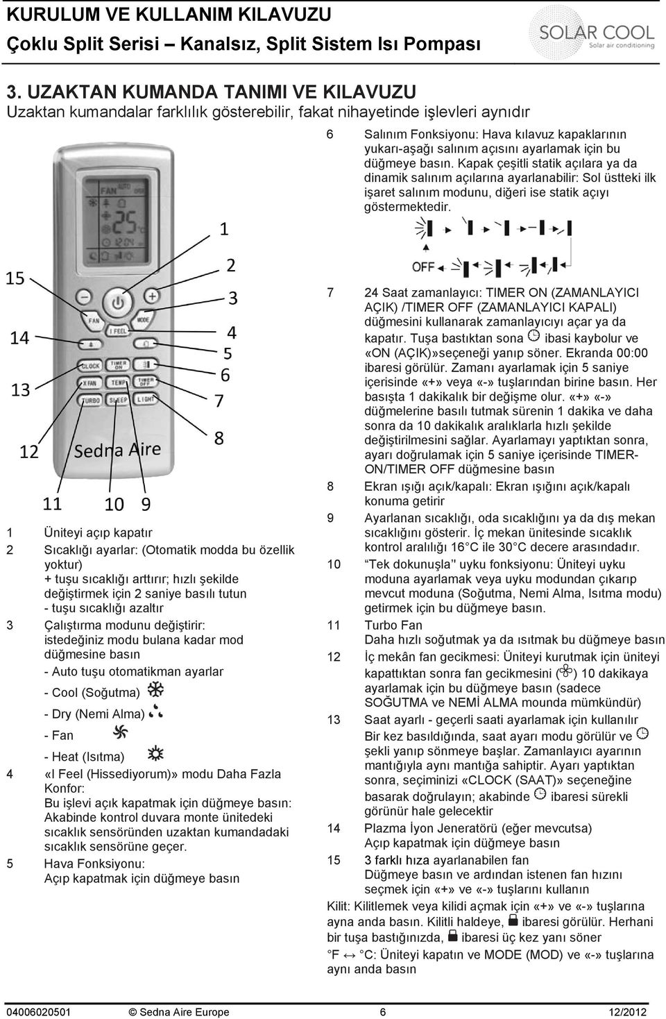 1 Üniteyi açıp kapatır 2 Sıcaklığı ayarlar: (Otomatik modda bu özellik yoktur) + tuşu sıcaklığı arttırır; hızlı şekilde değiştirmek için 2 saniye basılı tutun - tuşu sıcaklığı azaltır 3 Çalıştırma