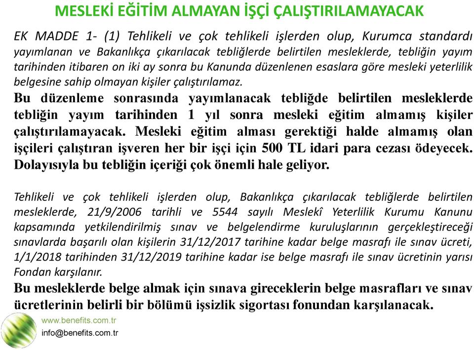 Bu düzenleme sonrasında yayımlanacak tebliğde belirtilen mesleklerde tebliğin yayım tarihinden 1 yıl sonra mesleki eğitim almamıģ kiģiler çalıģtırılamayacak.