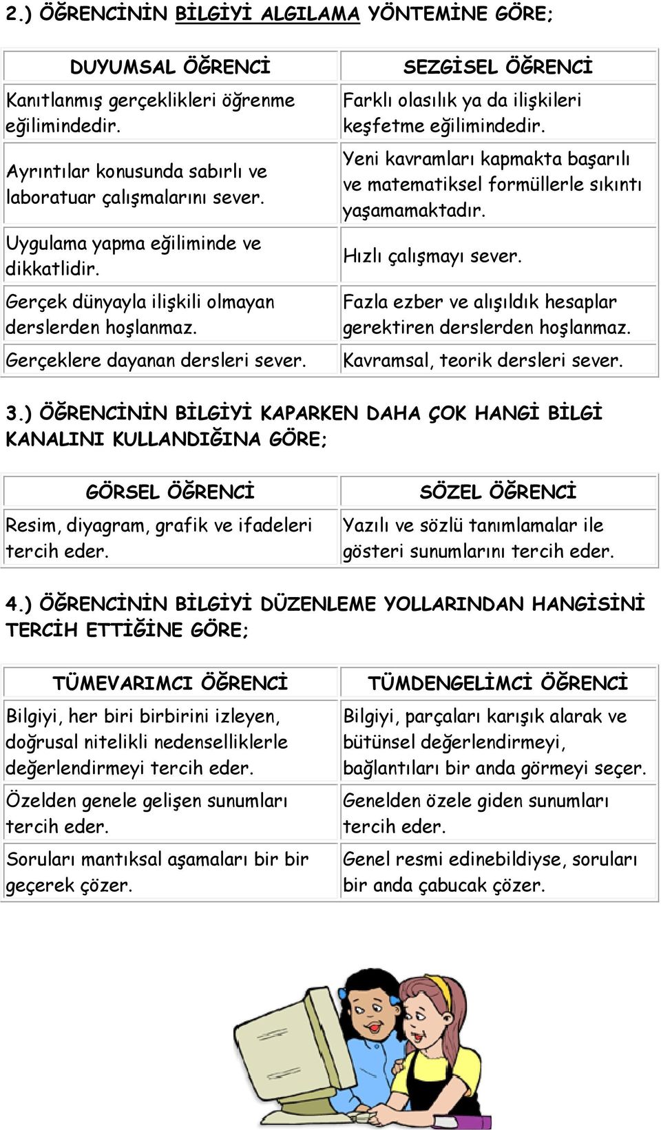 SEZGİSEL ÖĞRENCİ Farklı olasılık ya da ilişkileri keşfetme eğilimindedir. Yeni kavramları kapmakta başarılı ve matematiksel formüllerle sıkıntı yaşamamaktadır. Hızlı çalışmayı sever.