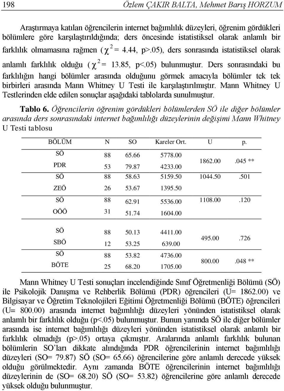 Ders sonrasındaki bu farklılığın hangi bölümler arasında olduğunu görmek amacıyla bölümler tek tek birbirleri arasında Mann Whitney U Testi ile karşılaştırılmıştır.