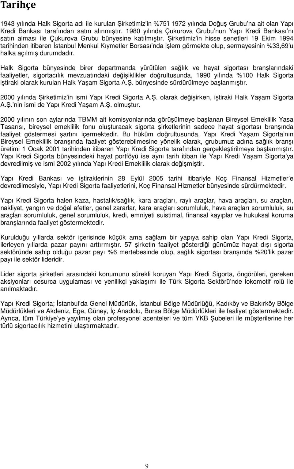 Şirketimiz in hisse senetleri 19 Ekim 1994 tarihinden itibaren İstanbul Menkul Kıymetler Borsası nda işlem görmekte olup, sermayesinin %33,69 u halka açılmış durumdadır.