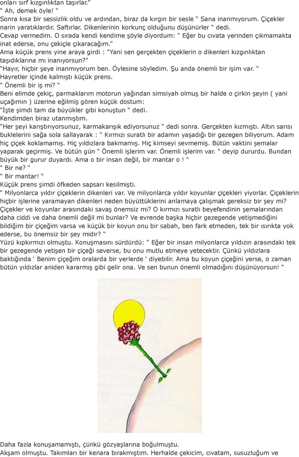 Ama küçük prens yine araya girdi : Yani sen gerçekten çiçeklerin o dikenleri kızgınlıktan taşıdıklarına mı inanıyorsun? Hayır, hiçbir şeye inanmıyorum ben. Öylesine söyledim.