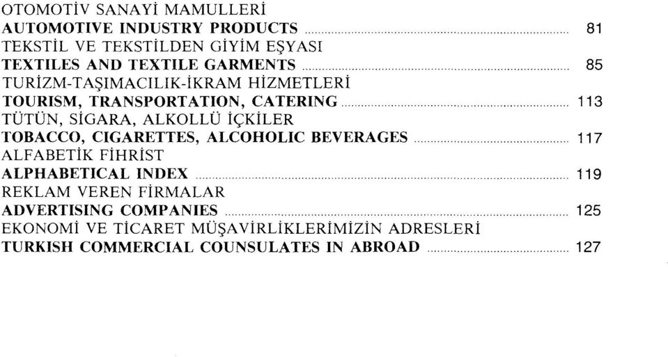 .. 113 TÜTÜN, SiGARA, ALKOLLÜ içkiler TOBACCO, CIGARETTES, ALCOHOLIC BEVERAGES... 117 ALF ABETİK FİHRİST ALPHABETICAL INDEX.