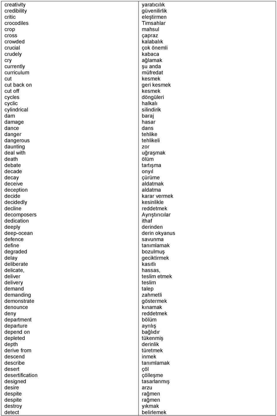 demonstrate denounce deny department departure depend on depleted depth derive from descend describe desert desertification designed desire despite despite destroy detect yaratıcılık güvenilirlik