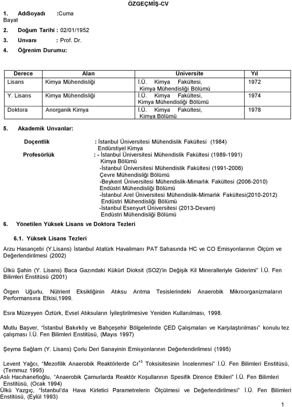 Akademik Unvanlar: Doçentlik : İstanbul Üniversitesi Mühendislik Fakültesi (1984) Endürstiyel Kimya Profesörlük : - İstanbul Üniversitesi Mühendislik Fakültesi (1989-1991) Kimya Bölümü -İstanbul