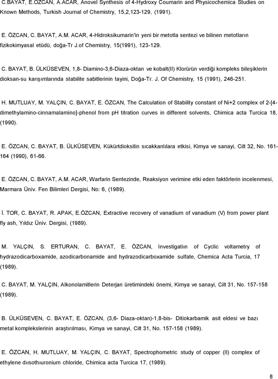 of Chemistry, 15(1991), 123-129. C. BAYAT, B.