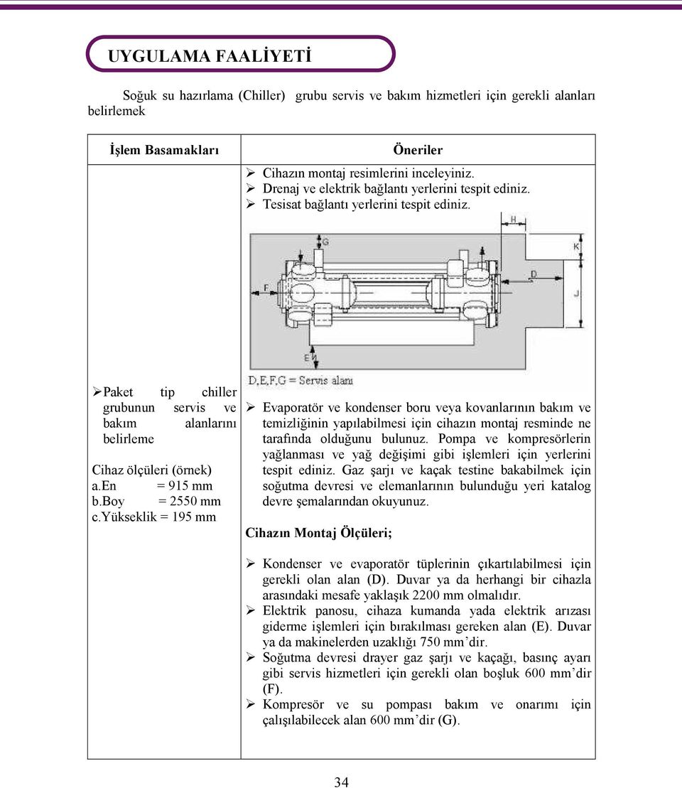 Paket tip chiller grubunun servis ve Evaporatör ve kondenser boru veya kovanlarının bakım ve bakım alanlarını temizliğinin yapılabilmesi için cihazın montaj resminde ne tarafında olduğunu bulunuz.