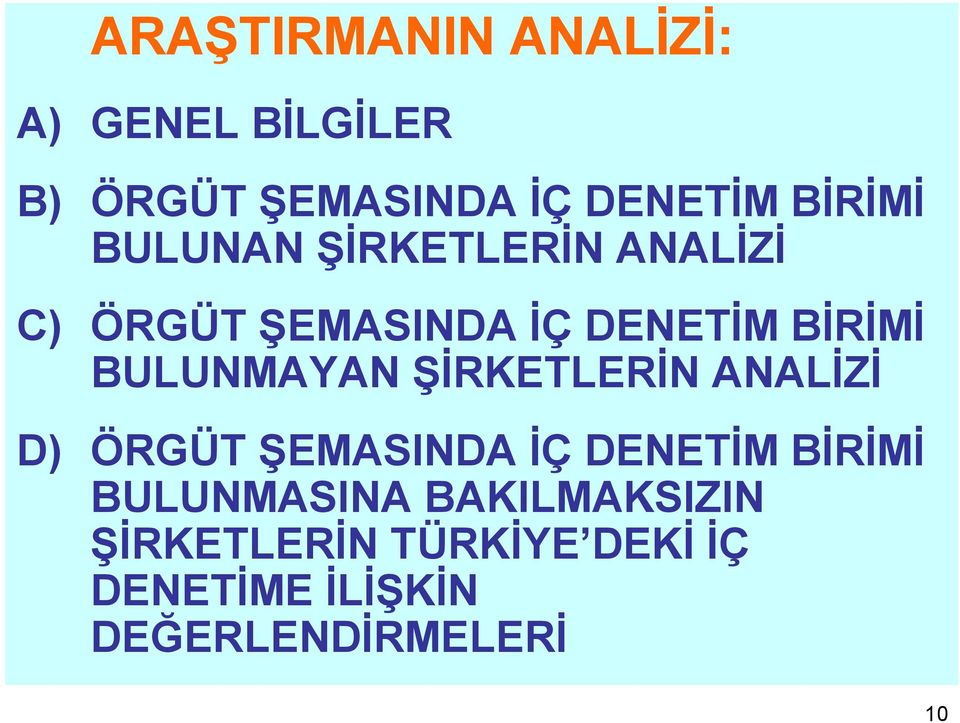 BULUNMAYAN ŞİRKETLERİN ANALİZİ D) ÖRGÜT ŞEMASINDA İÇ DENETİM BİRİMİ