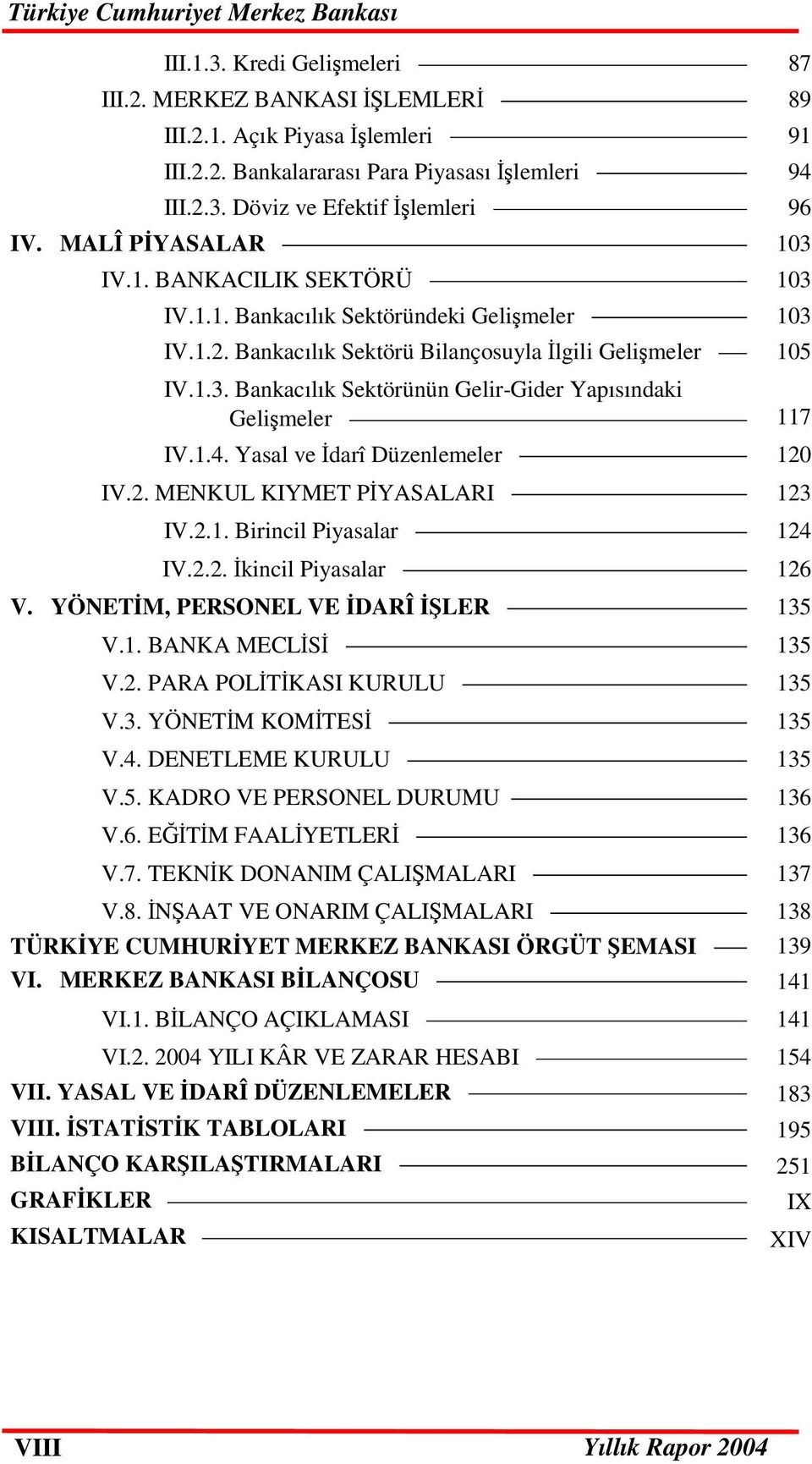 1.4. Yasal ve darî Düzenlemeler 120 IV.2. MENKUL KIYMET PYASALARI 123 IV.2.1. Birincil Piyasalar 124 IV.2.2. kincil Piyasalar 126 V. YÖNETM, PERSONEL VE DARÎ LER 135 V.1. BANKA MECLS 135 V.2. PARA POLTKASI KURULU 135 V.