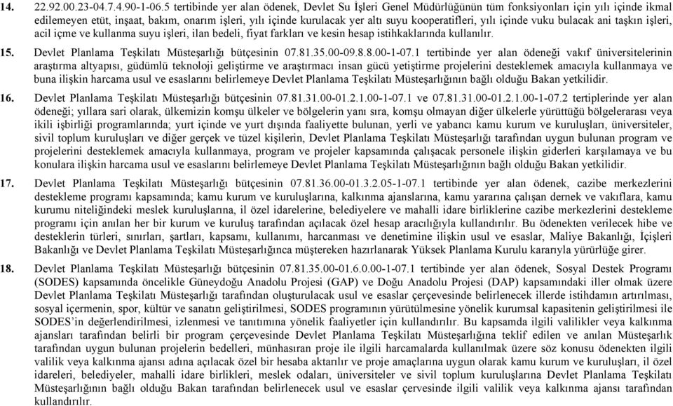 kooperatifleri, yılı içinde vuku bulacak ani taşkın işleri, acil içme ve kullanma suyu işleri, ilan bedeli, fiyat farkları ve kesin hesap istihkaklarında kullanılır. 15.