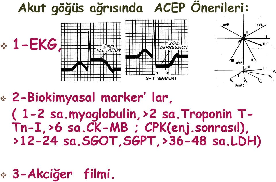 myoglobulin,>2 sa.troponin T- Tn-I,>6 sa.