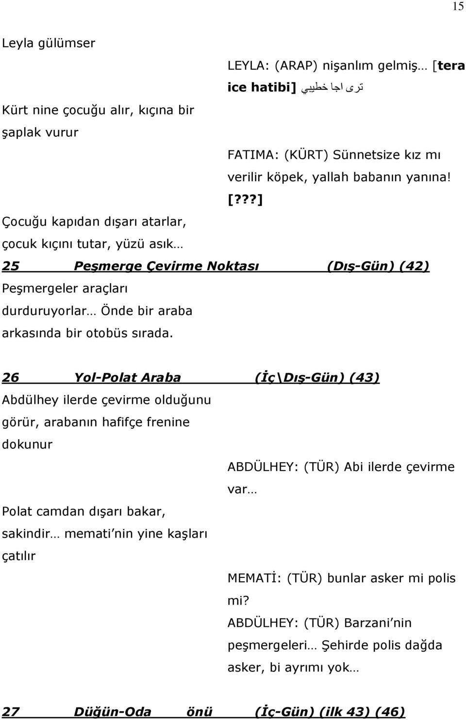 ??] Çocuğu kapıdan dışarı atarlar, çocuk kıçını tutar, yüzü asık 25 Peşmerge Çevirme Noktası (Dış-Gün) (42) Peşmergeler araçları durduruyorlar Önde bir araba arkasında bir otobüs sırada.