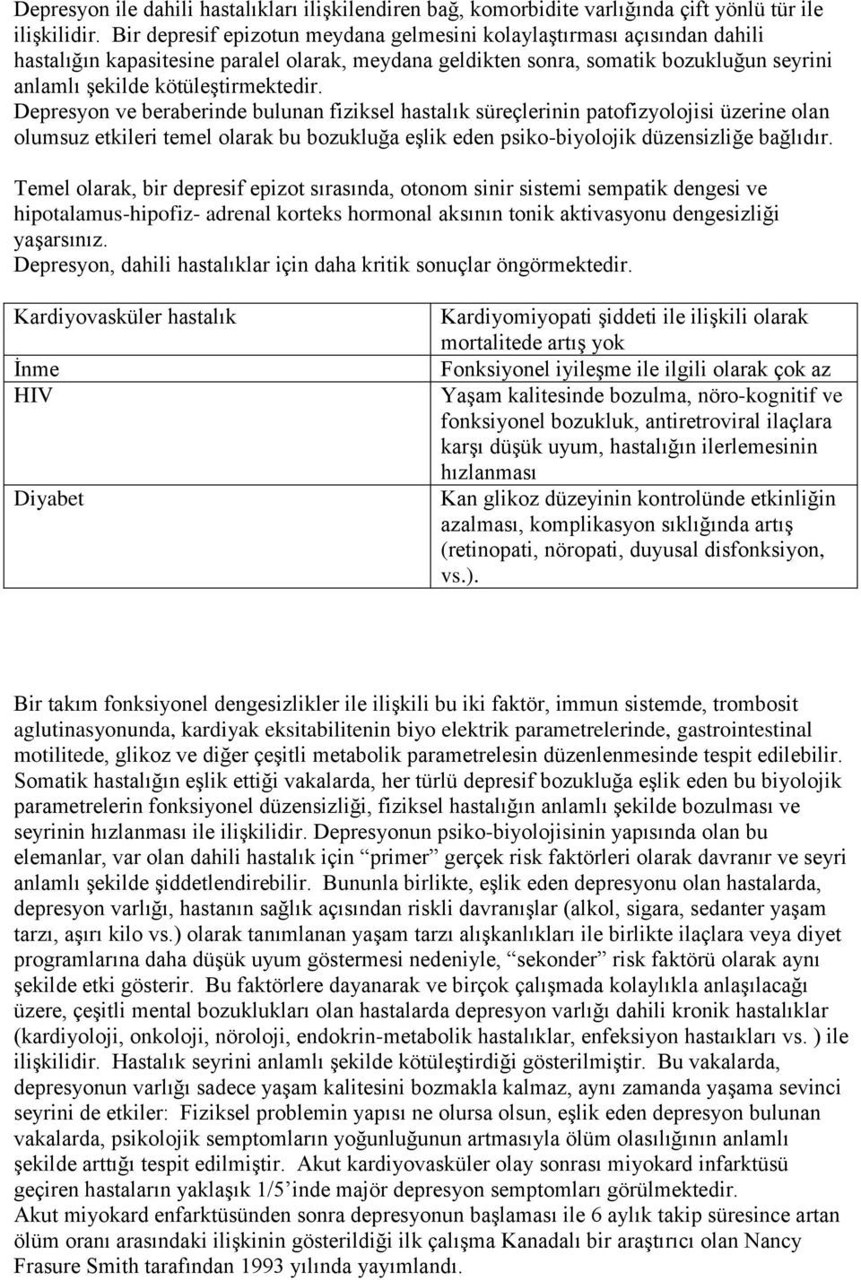 Depresyon ve beraberinde bulunan fiziksel hastalık süreçlerinin patofizyolojisi üzerine olan olumsuz etkileri temel olarak bu bozukluğa eşlik eden psiko-biyolojik düzensizliğe bağlıdır.