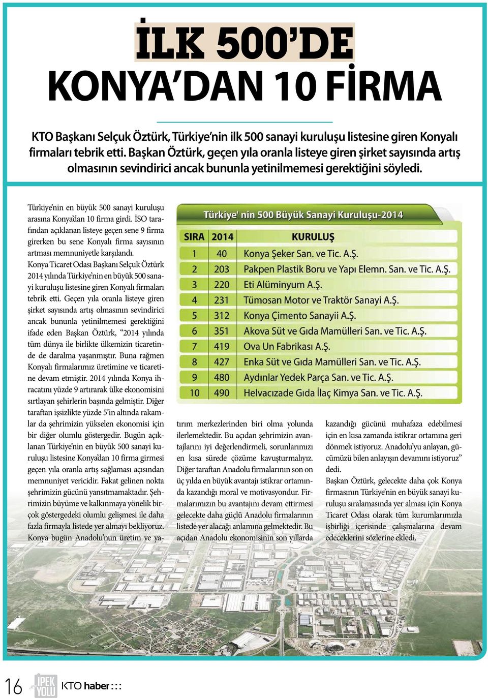 Türkiye nin en büyük 500 sanayi kuruluşu arasına Konya dan 10 firma girdi. İSO tarafından açıklanan listeye geçen sene 9 firma girerken bu sene Konyalı firma sayısının artması memnuniyetle karşılandı.