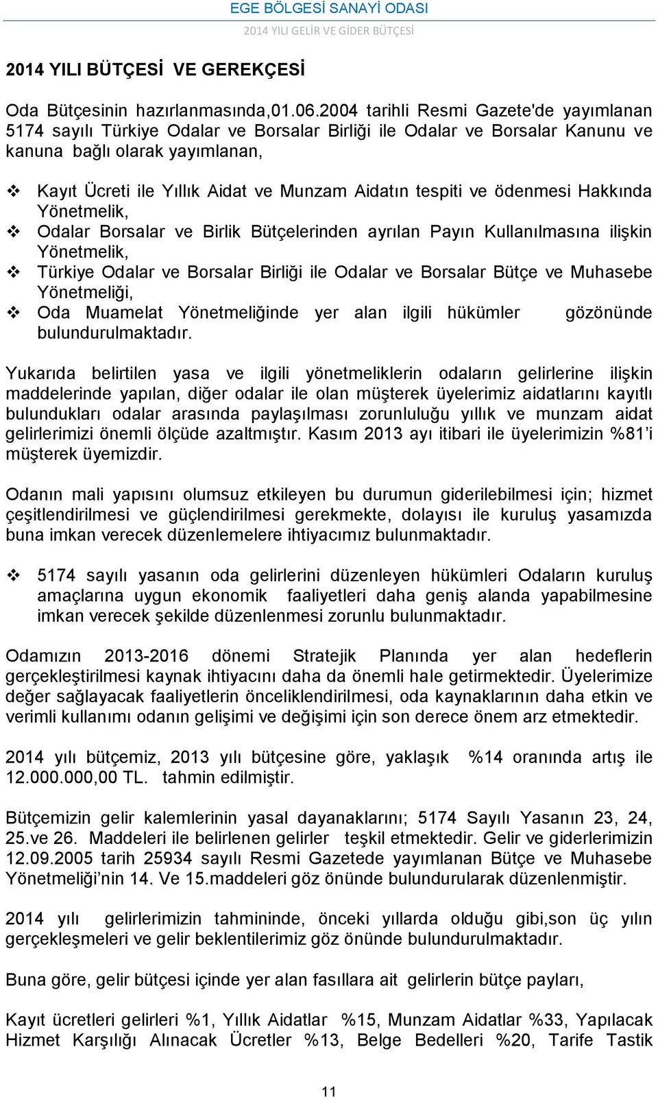 tespiti ve ödenmesi Hakkında Yönetmelik, Odalar Borsalar ve Birlik Bütçelerinden ayrılan Payın Kullanılmasına ilişkin Yönetmelik, Türkiye Odalar ve Borsalar Birliği ile Odalar ve Borsalar Bütçe ve