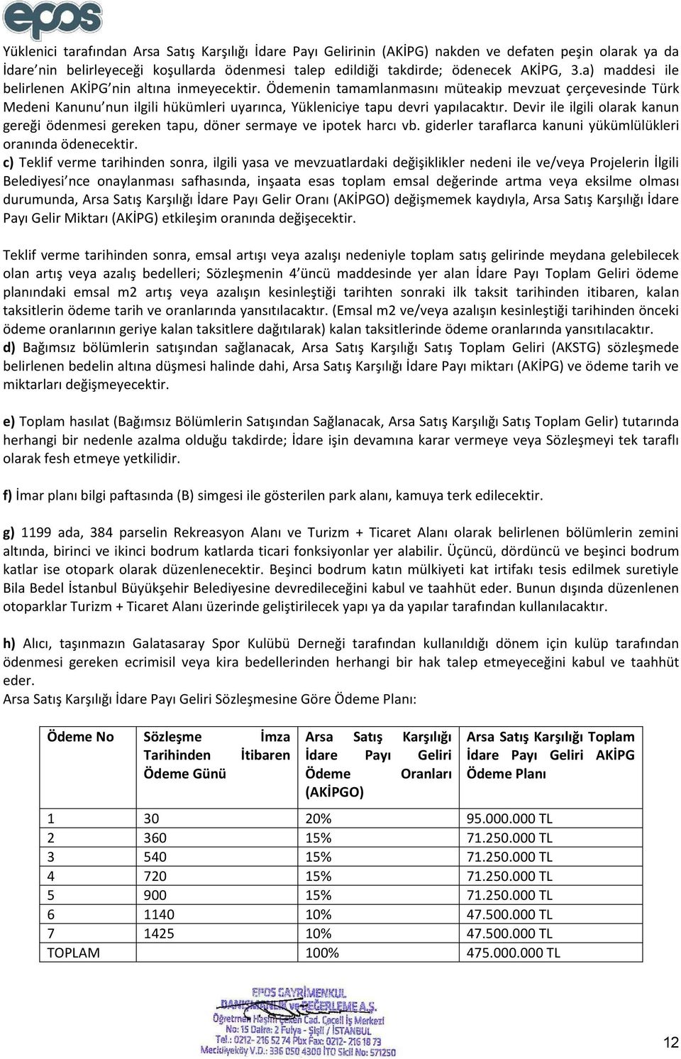 Devir ile ilgili olarak kanun gereği ödenmesi gereken tapu, döner sermaye ve ipotek harcı vb. giderler taraflarca kanuni yükümlülükleri oranında ödenecektir.