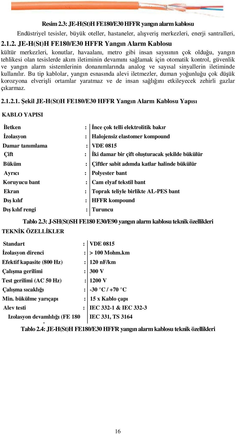 1.2. JE-H(St)H FE180/E30 HFFR Yang n Alarm Kablosu kültür merkezleri, konutlar, havaalan, metro gibi insan say n çok oldu u, yang n tehlikesi olan tesislerde ak m iletiminin devam sa lamak için