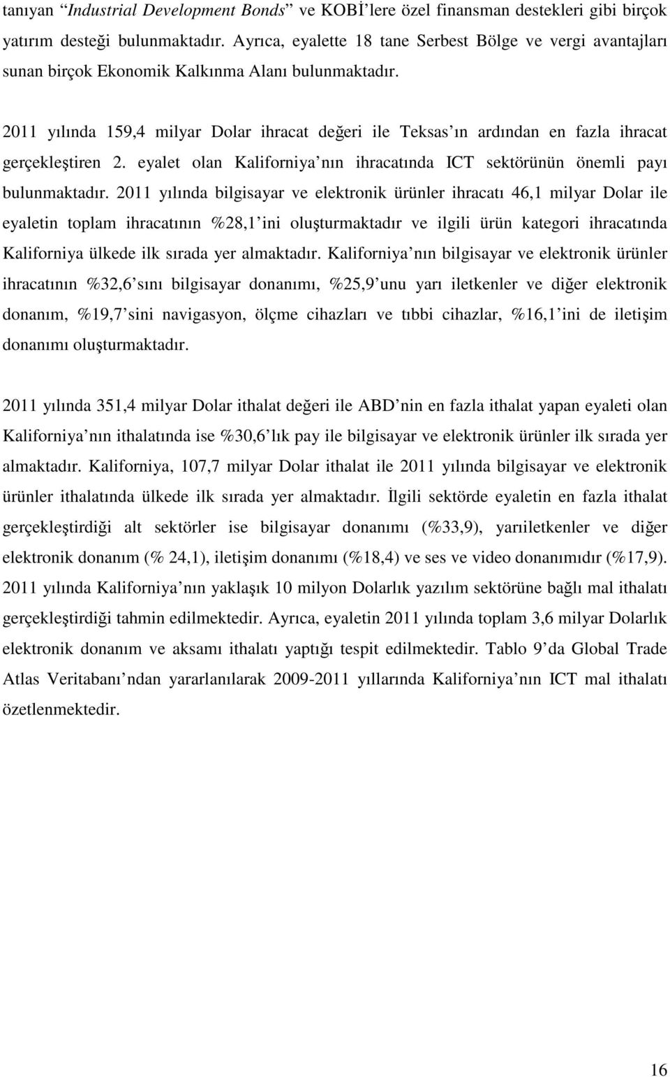 2011 yılında 159,4 milyar Dolar ihracat değeri ile Teksas ın ardından en fazla ihracat gerçekleştiren 2. eyalet olan Kaliforniya nın ihracatında ICT sektörünün önemli payı bulunmaktadır.