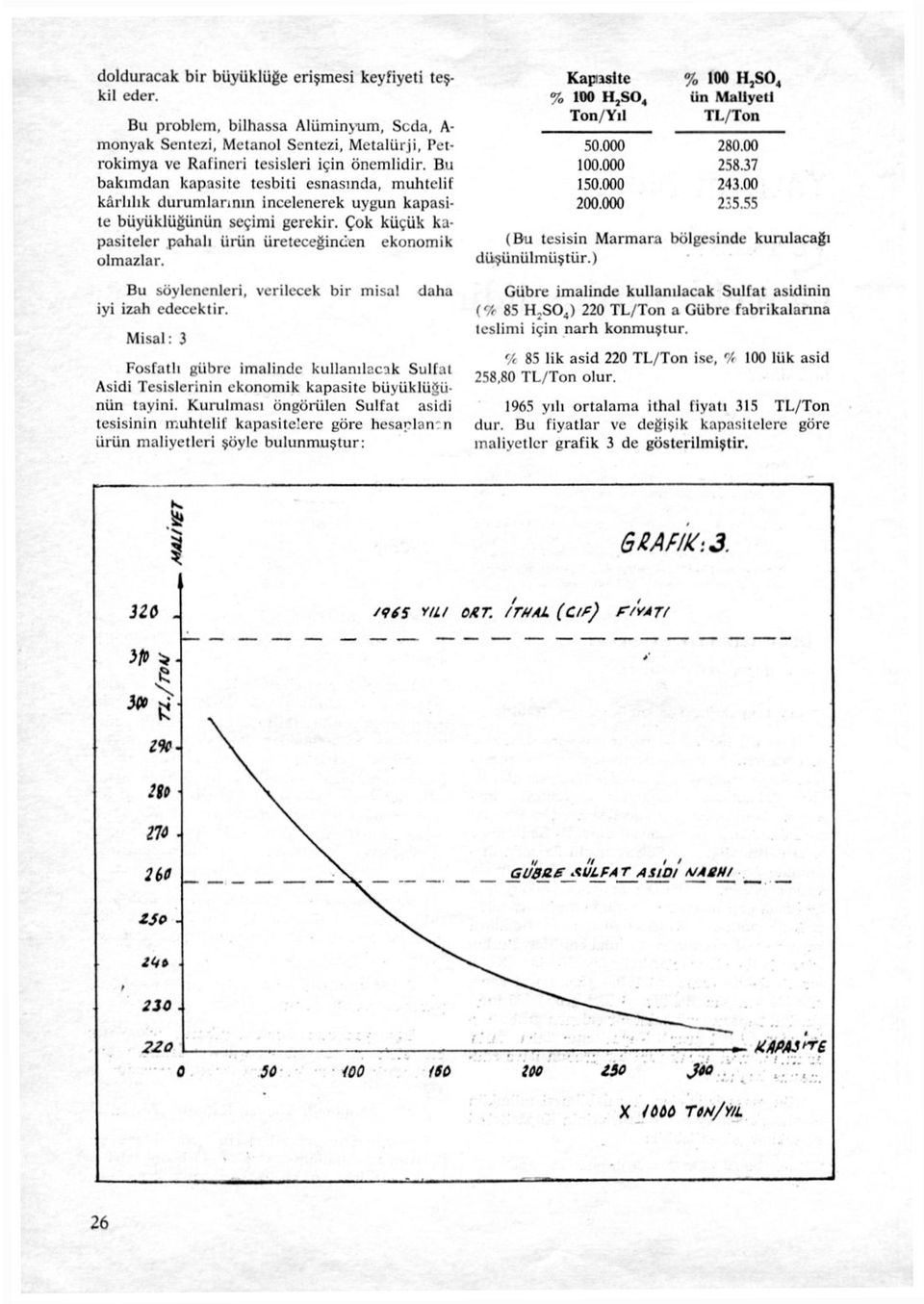 Bu söylenenleri, verilecek bir misal iyi izah edecektir. Misal: 3 daha Fosfatlı gübre imalinde kullanılacak Sülfat Asidi Tesislerinin ekonomik kapasite büyüklüğünün tayini.