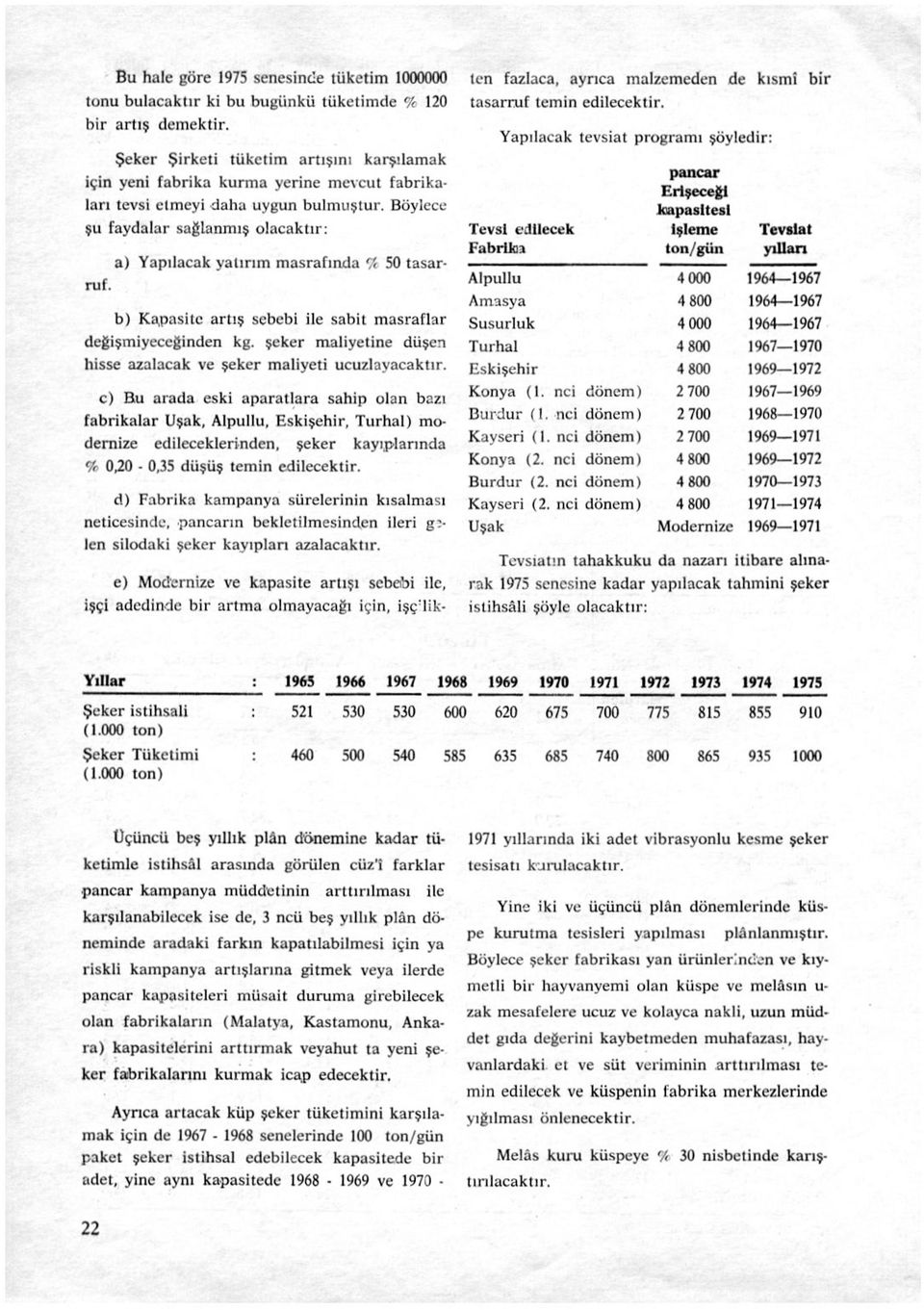 Böylece şu faydalar sağlanmış olacaktır: a) Yapılacak yatırım masrafında Vc 50 tasarruf. b) Kapasite artış sebebi ile sabit masraflar değişmiyeceğinden kg.