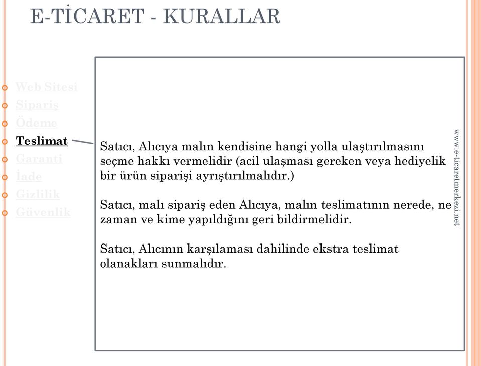 ) Satıcı, malı sipariş eden Alıcıya, malın teslimatının nerede, ne zaman ve kime