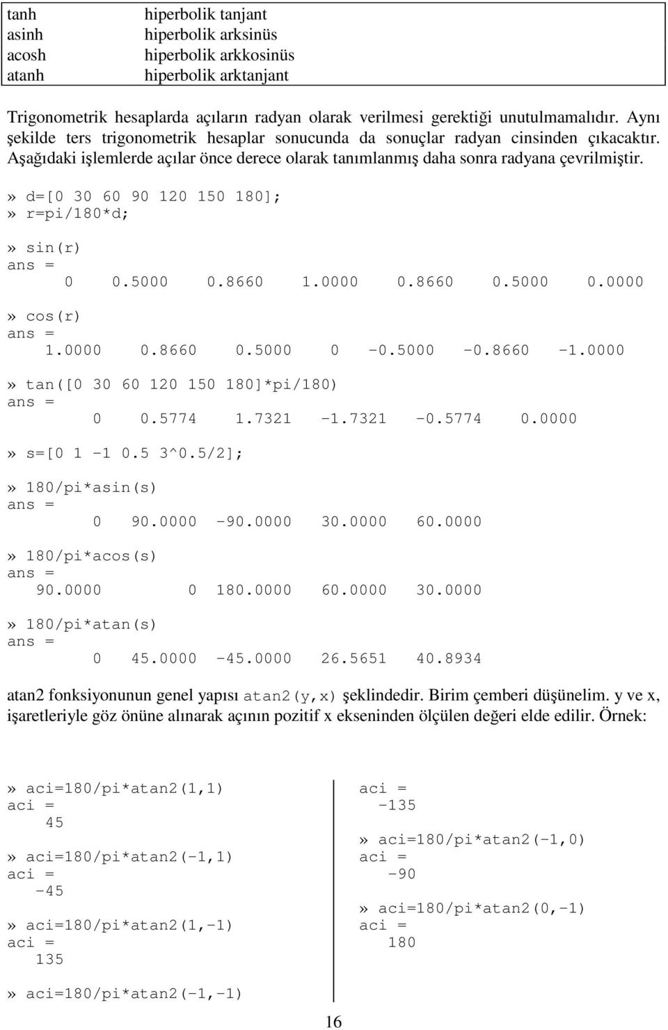 » d=[0 30 60 90 120 150 180];» r=pi/180*d;» sin(r) 0 0.5000 0.8660 1.0000 0.8660 0.5000 0.0000» cos(r) 1.0000 0.8660 0.5000 0-0.5000-0.8660-1.0000» tan([0 30 60 120 150 180]*pi/180) 0 0.5774 1.7321-1.