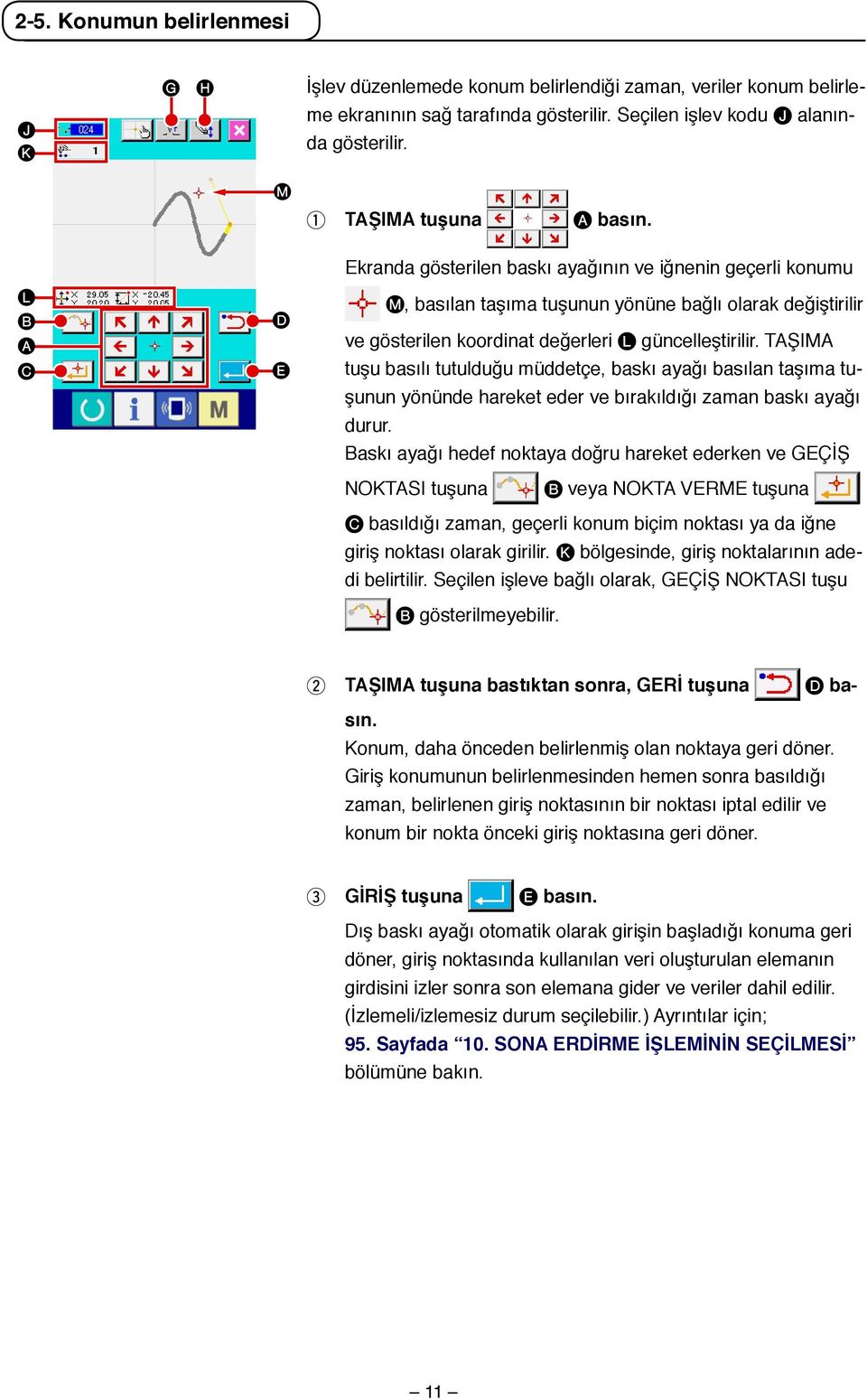 Ekranda gösterilen baskı ayağının ve iğnenin geçerli konumu M, basılan taşıma tuşunun yönüne bağlı olarak değiştirilir ve gösterilen koordinat değerleri L güncelleştirilir.