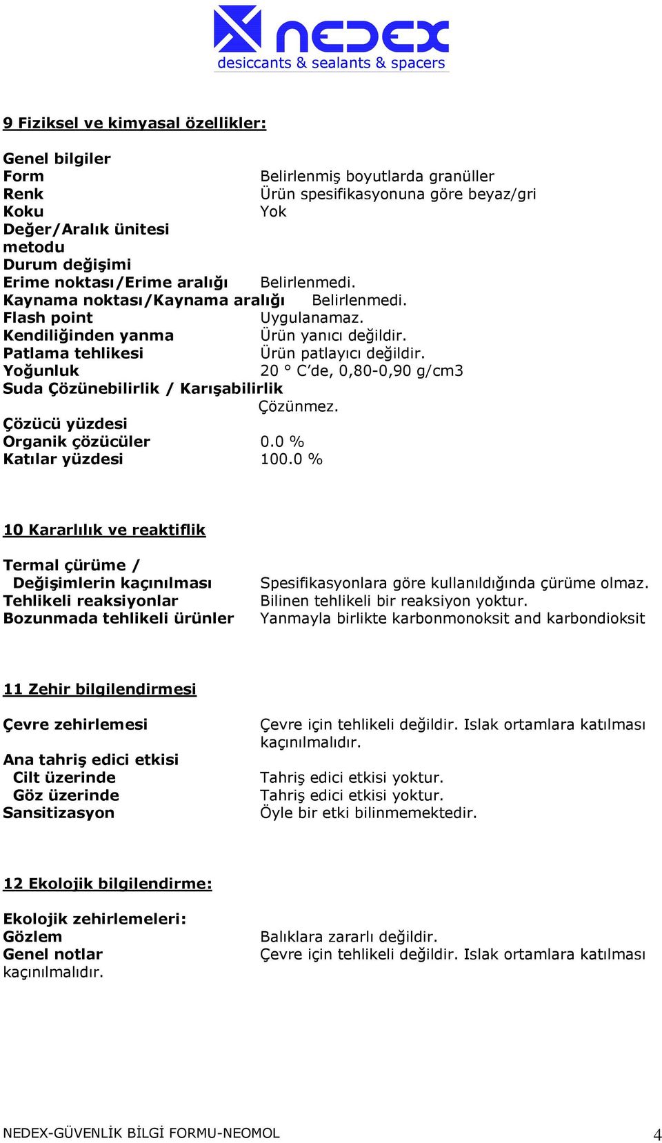 Yoğunluk 20 C de, 0,80-0,90 g/cm3 Suda Çözünebilirlik / Karışabilirlik Çözünmez. Çözücü yüzdesi Organik çözücüler 0.0 % Katılar yüzdesi 100.