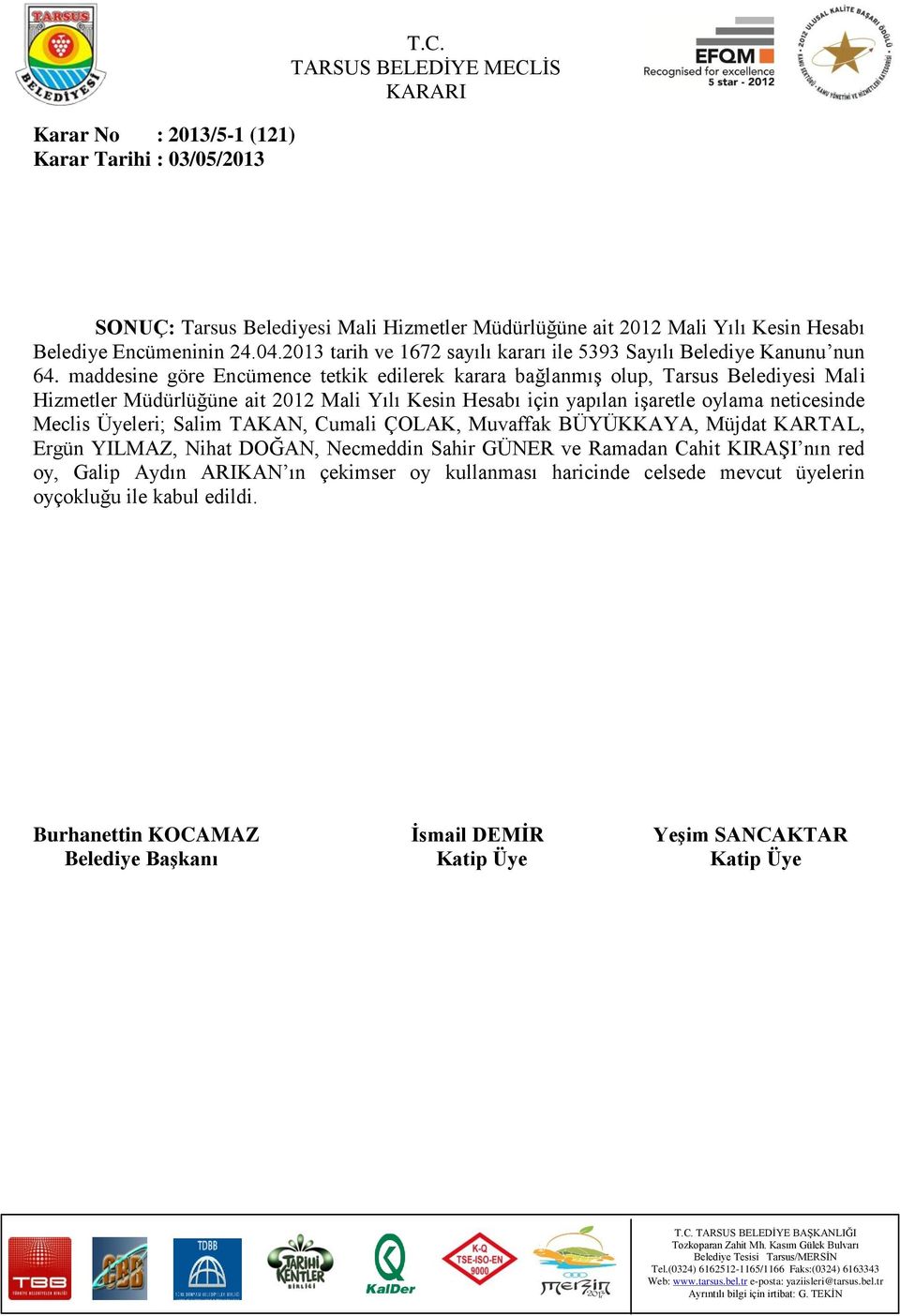 maddesine göre Encümence tetkik edilerek karara bağlanmış olup, Tarsus Belediyesi Mali Hizmetler Müdürlüğüne ait 2012 Mali Yılı Kesin Hesabı için yapılan işaretle