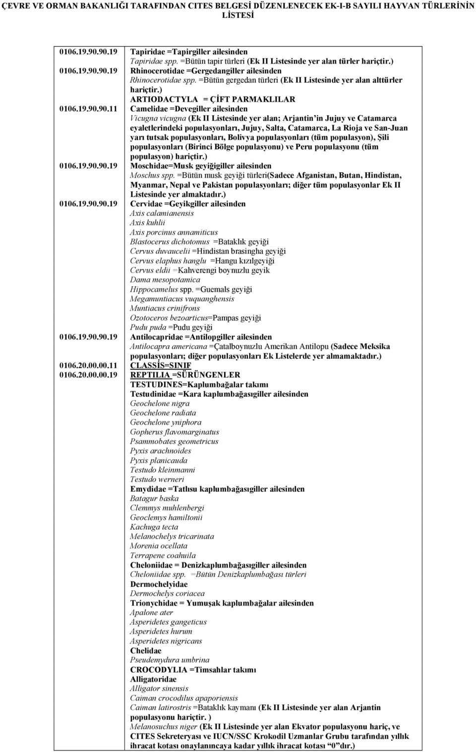 =Bütün gergedan türleri (Ek II Listesinde yer alan alttürler hariçtir.) ARTIODACTYLA = ÇİFT PARMAKLILAR 0106.19.90.