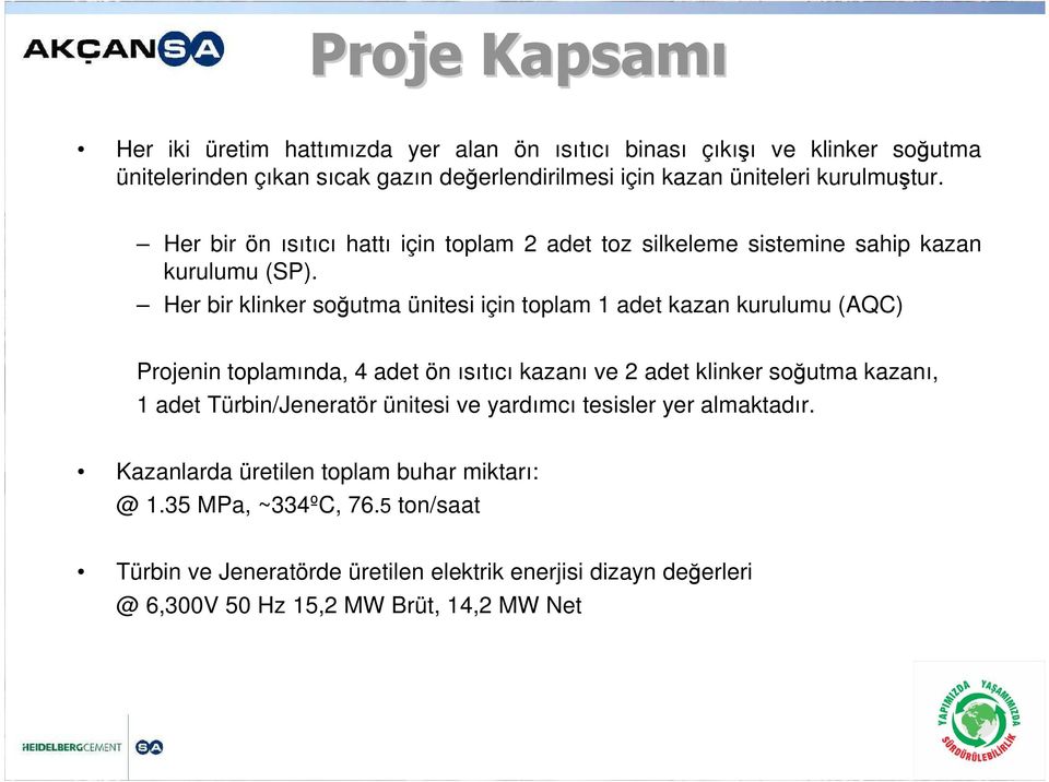 Her bir klinker soğutma ünitesi için toplam 1 adet kazan kurulumu (AQC) Projenin toplamında, 4 adet ön ısıtıcı kazanı ve 2 adet klinker soğutma kazanı, 1 adet