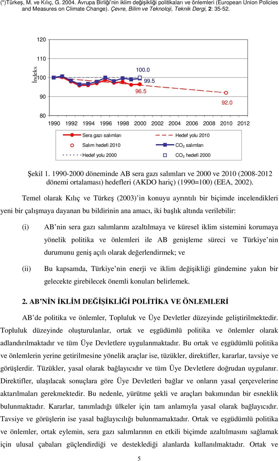 1990-2000 döneminde AB sera gazı salımları ve 2000 ve 2010 (2008-2012 dönemi ortalaması) hedefleri (AKDO hariç) (1990=100) (EEA, 2002).