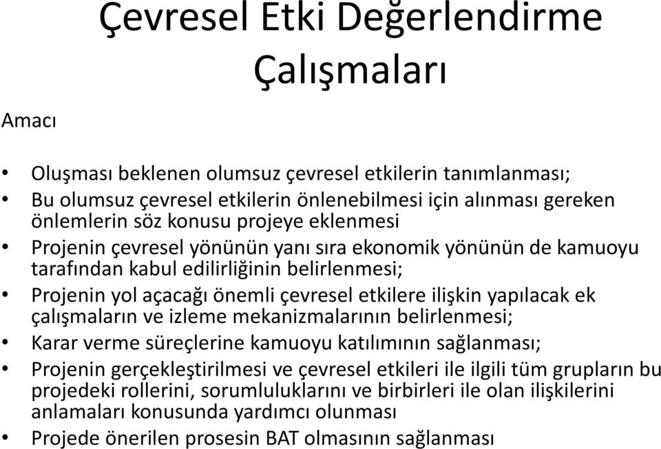 ilişkin yapılacak ek çalışmaların ve izleme mekanizmalarının belirlenmesi; Karar verme süreçlerine kamuoyu katılımının sağlanması; Projenin gerçekleştirilmesi ve çevresel etkileri ile