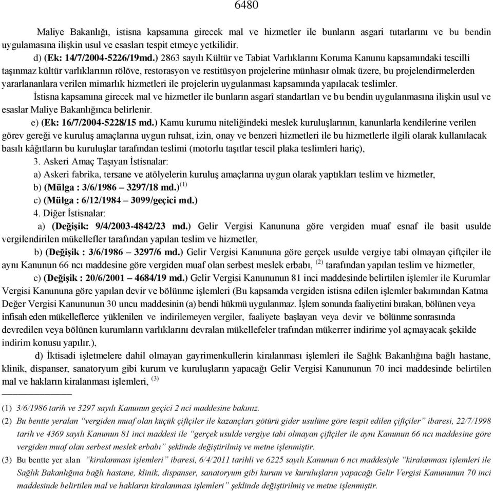 ) 2863 sayılı Kültür ve Tabiat Varlıklarını Koruma Kanunu kapsamındaki tescilli taşınmaz kültür varlıklarının rölöve, restorasyon ve restitüsyon projelerine münhasır olmak üzere, bu