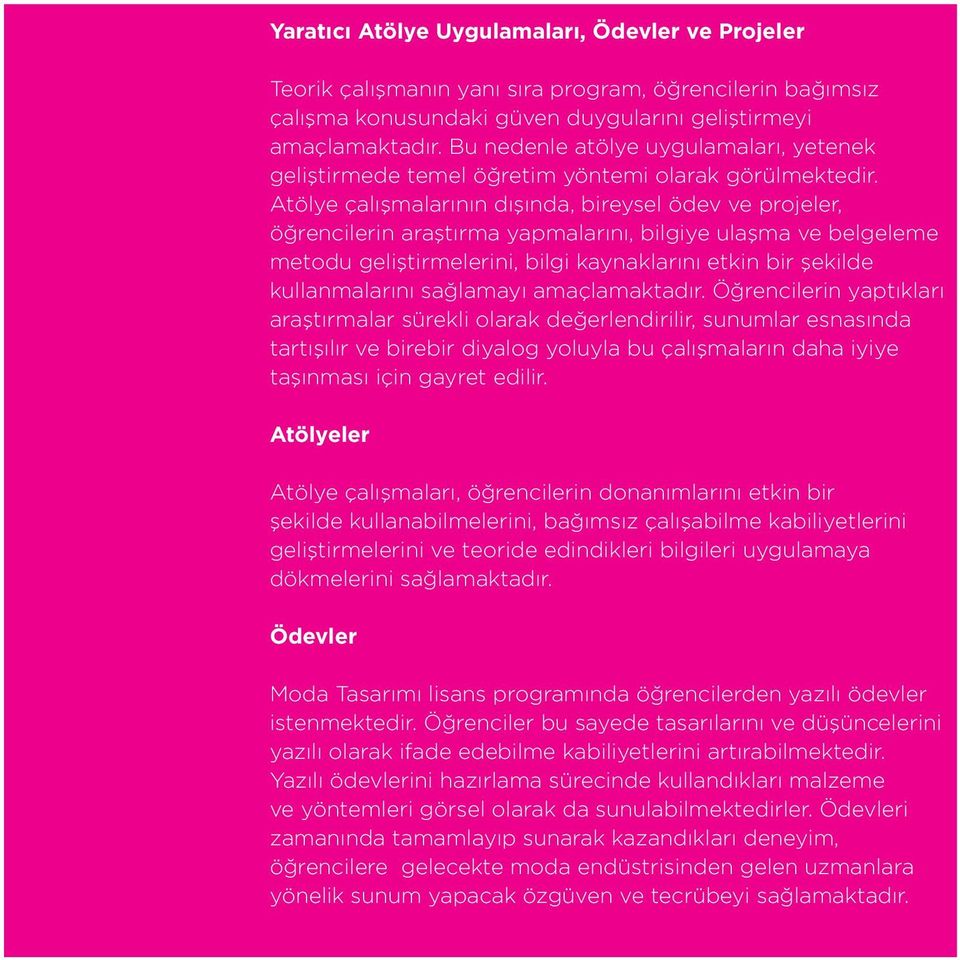 Atölye çalışmalarının dışında, bireysel ödev ve projeler, öğrencilerin araştırma yapmalarını, bilgiye ulaşma ve belgeleme metodu geliştirmelerini, bilgi kaynaklarını etkin bir şekilde kullanmalarını