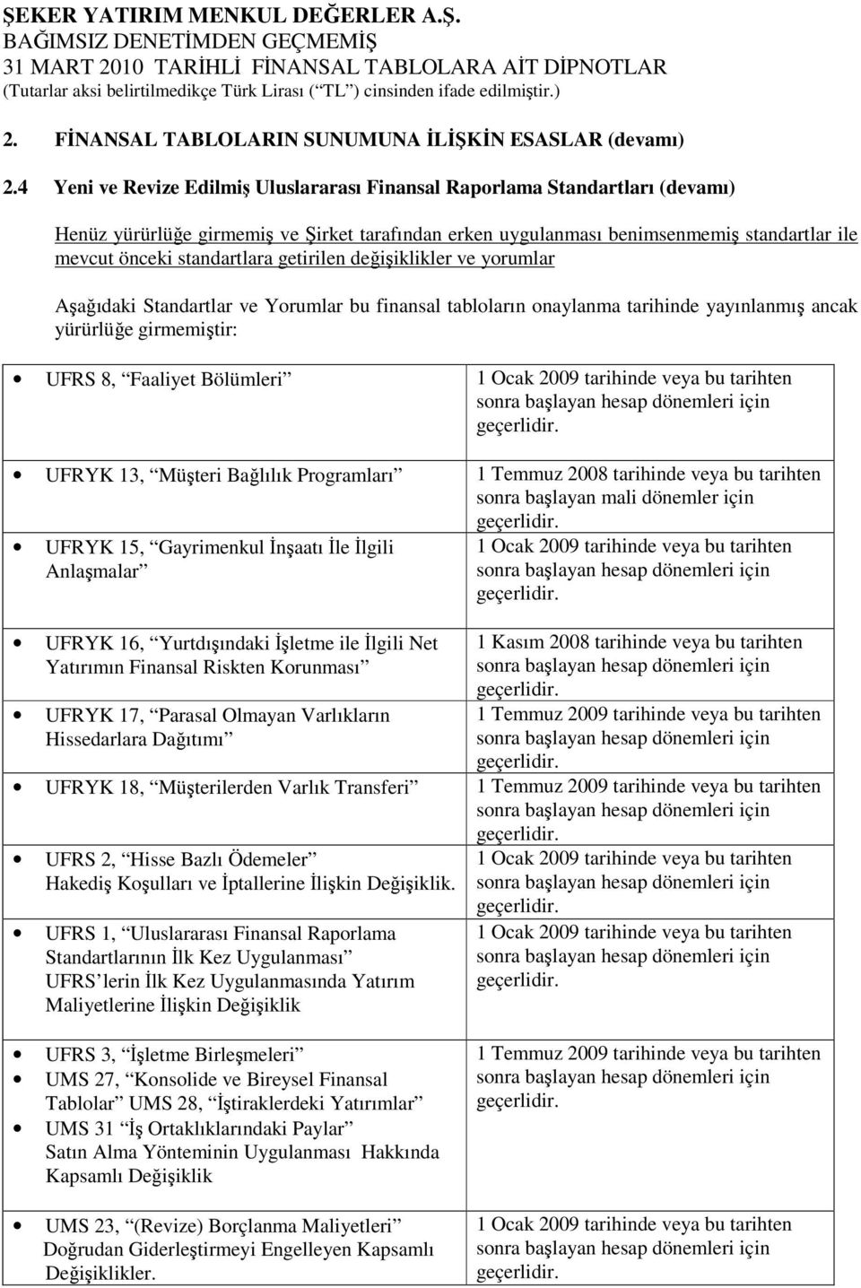 getirilen değişiklikler ve yorumlar Aşağıdaki Standartlar ve Yorumlar bu finansal tabloların onaylanma tarihinde yayınlanmış ancak yürürlüğe girmemiştir: UFRS 8, Faaliyet Bölümleri 1 Ocak 2009