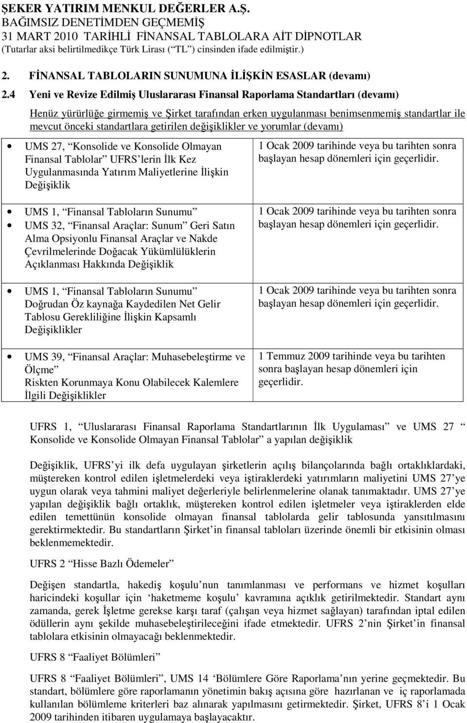 getirilen değişiklikler ve yorumlar (devamı) UMS 27, Konsolide ve Konsolide Olmayan Finansal Tablolar UFRS lerin İlk Kez Uygulanmasında Yatırım Maliyetlerine İlişkin Değişiklik 1 Ocak 2009 tarihinde