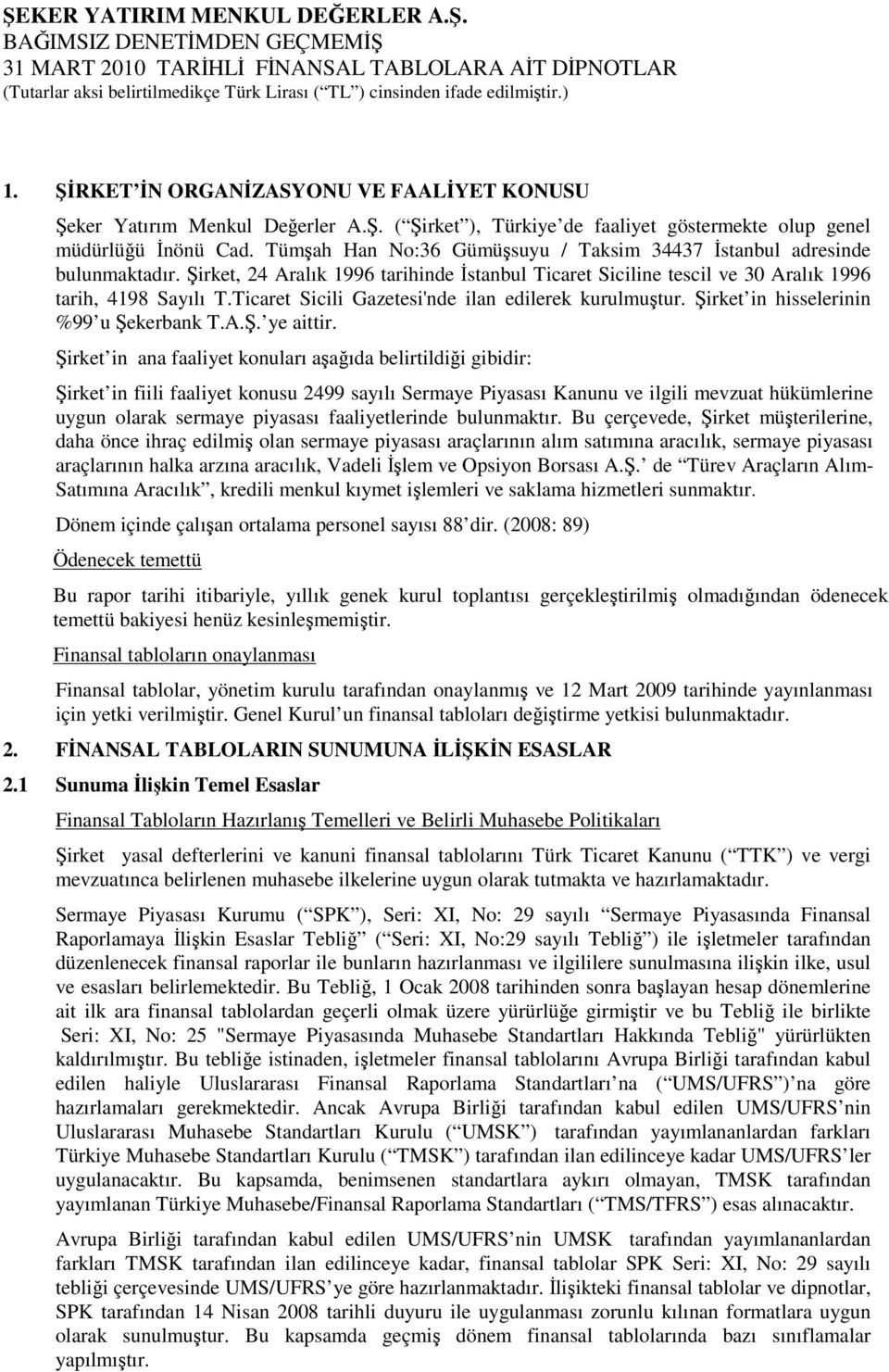 Ticaret Sicili Gazetesi'nde ilan edilerek kurulmuştur. Şirket in hisselerinin %99 u Şekerbank T.A.Ş. ye aittir.