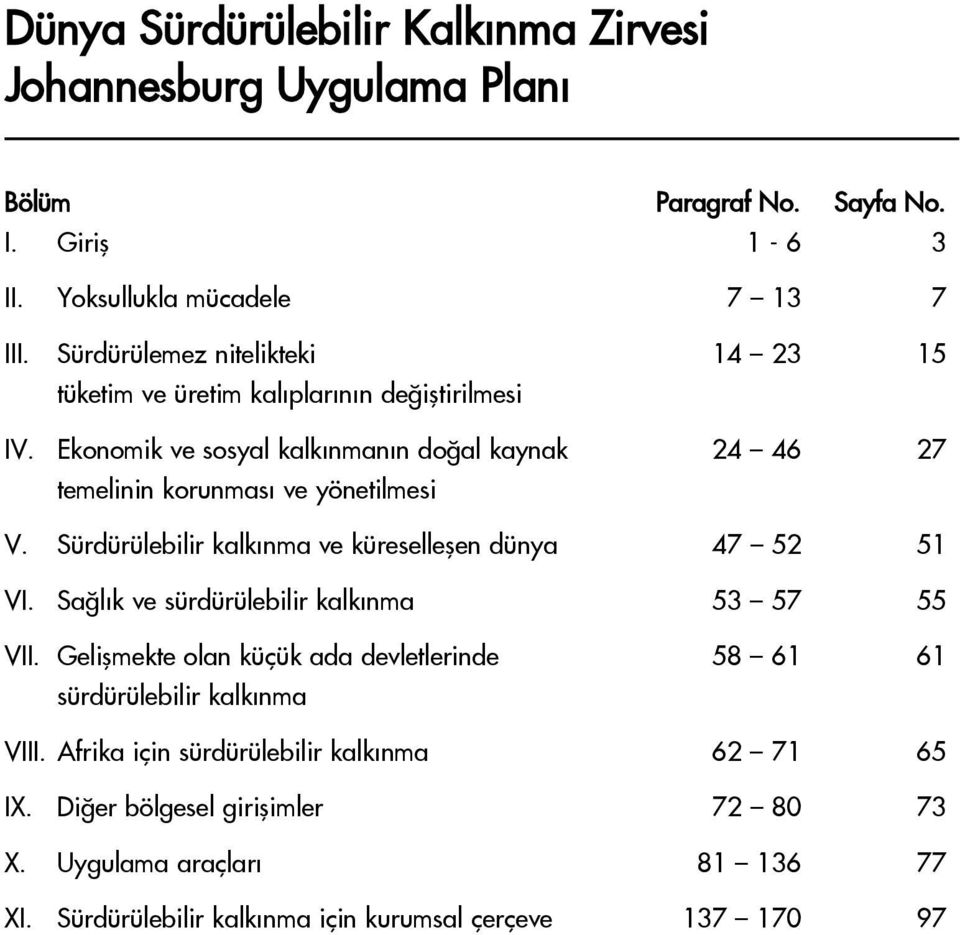 Ekonomik ve sosyal kalk nman n do al kaynak 24 46 27 temelinin korunmas ve yönetilmesi V. Sürdürülebilir kalk nma ve küreselleßen dünya 47 52 51 VI.