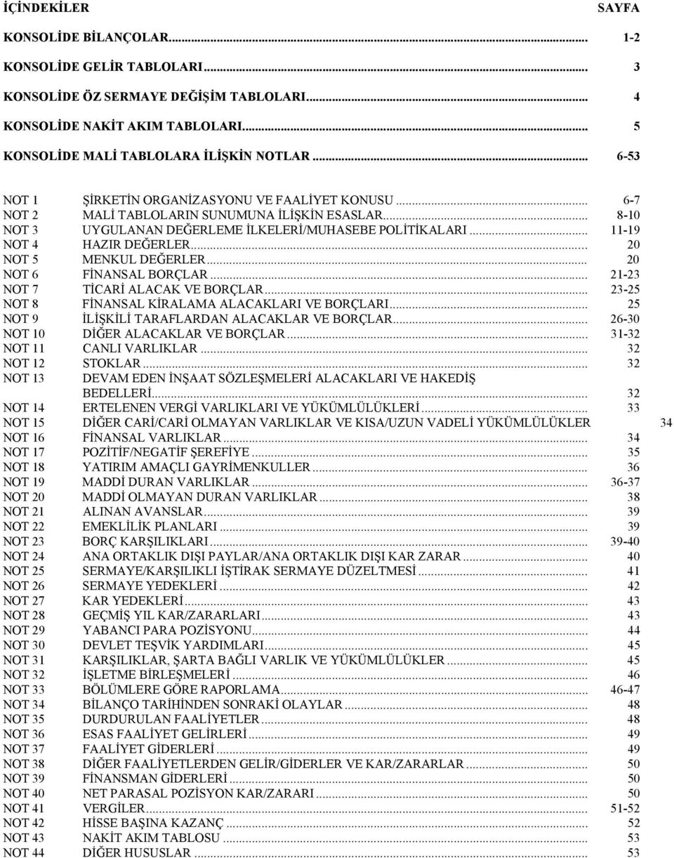 .. 11-19 NOT 4 HAZIR DEĞERLER... 20 NOT 5 MENKUL DEĞERLER... 20 NOT 6 FİNANSAL BORÇLAR... 21-23 NOT 7 TİCARİ ALACAK VE BORÇLAR... 23-25 NOT 8 FİNANSAL KİRALAMA ALACAKLARI VE BORÇLARI.