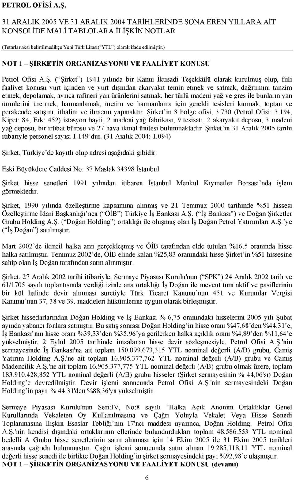 ( Şirket ) 1941 yılında bir Kamu İktisadi Teşekkülü olarak kurulmuş olup, fiili faaliyet konusu yurt içinden ve yurt dışından akaryakıt temin etmek ve satmak, dağıtımını tanzim etmek, depolamak,