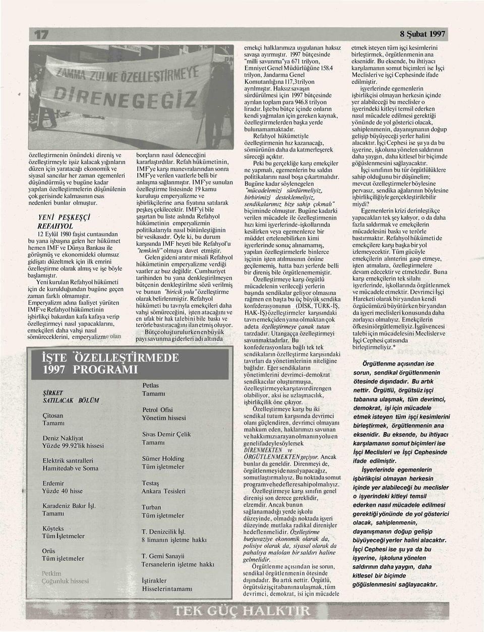 YENİ PEŞKEŞÇİ REFAHYOL 12 Eylül 1980 faşist cuntasından bu yana işbaşına gelen her hükümet hemen IMF ve Dünya Bankası ile görüşmüş ve ekonomideki olumsuz gidişatı düzeltmek için ilk emrini