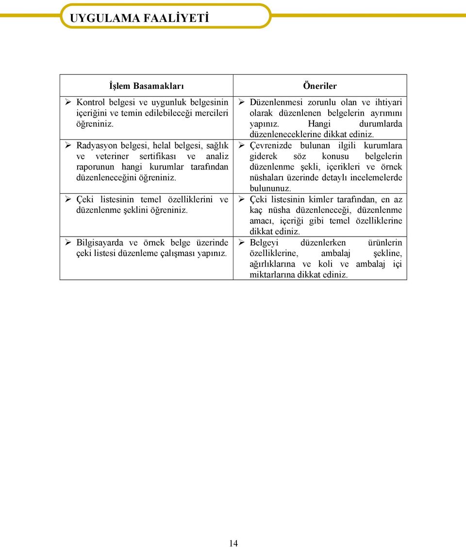 Çeki listesinin temel özelliklerini ve düzenlenme şeklini öğreniniz. Bilgisayarda ve örnek belge üzerinde çeki listesi düzenleme çalışması yapınız.