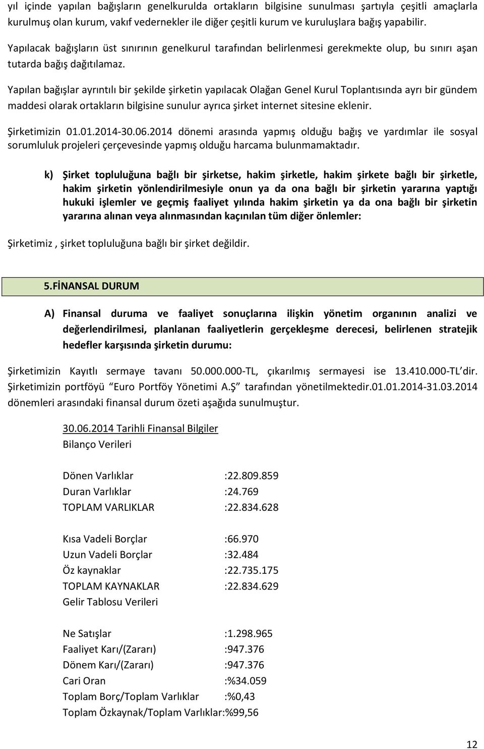 Yapılan bağışlar ayrıntılı bir şekilde şirketin yapılacak Olağan Genel Kurul Toplantısında ayrı bir gündem maddesi olarak ortakların bilgisine sunulur ayrıca şirket internet sitesine eklenir.