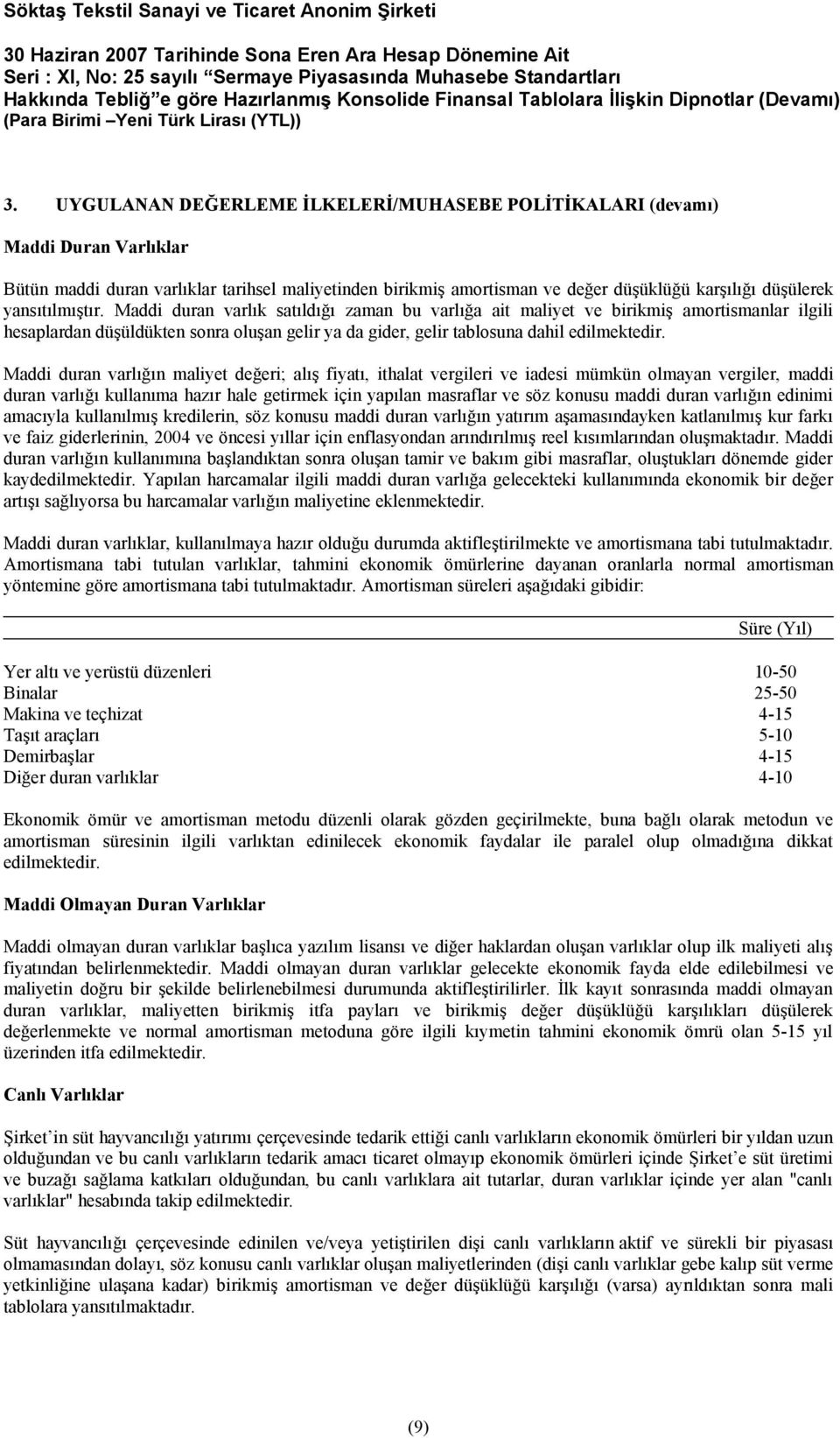 yansıtılmıştır. Maddi duran varlık satıldığı zaman bu varlığa ait maliyet ve birikmiş amortismanlar ilgili hesaplardan düşüldükten sonra oluşan gelir ya da gider, gelir tablosuna dahil edilmektedir.